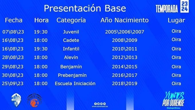horarios presentacion base ourense cf edo temporada 2023 2024