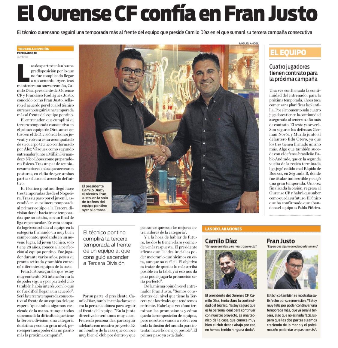 Fran Justo renueva como entrenador del primer equipo del Ourense CF