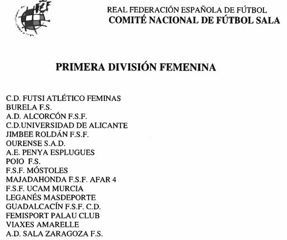 Composición Primera División Fútbol Sala Femenina Temporada 2018/2019